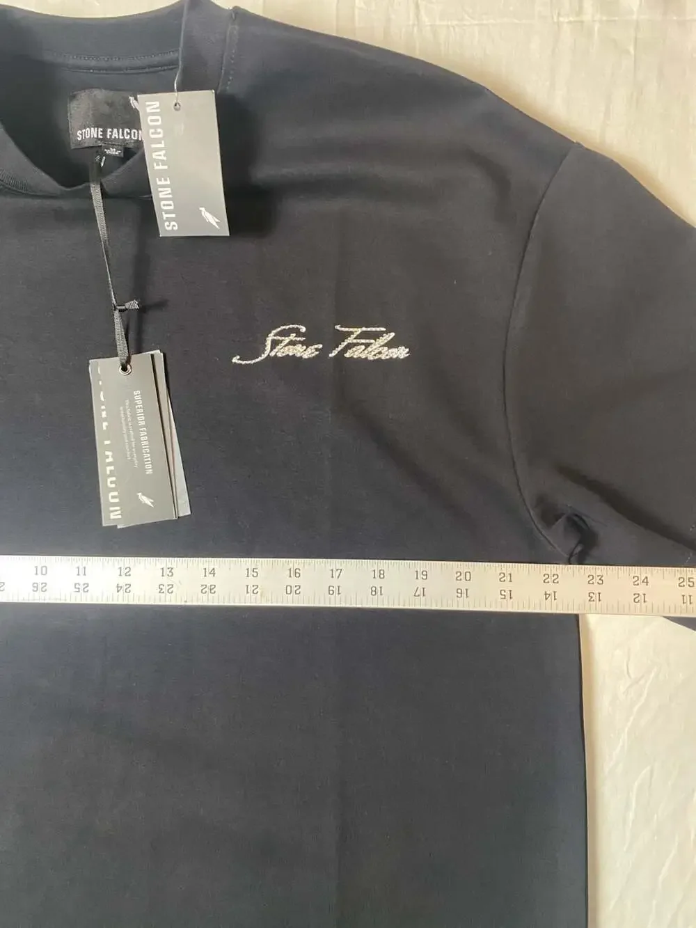 Stone Falcon Men's Black Rhinestone Script Logo T-Shirt Size M